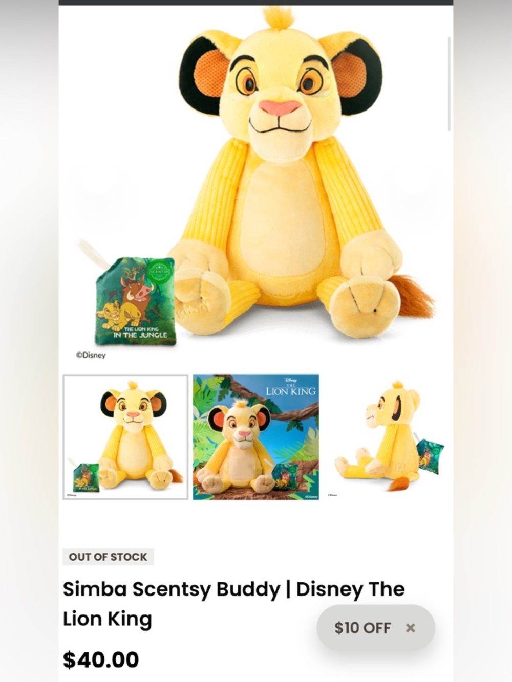 Disney Simba Plush Buddy in Yellow with Orange & Black Accents